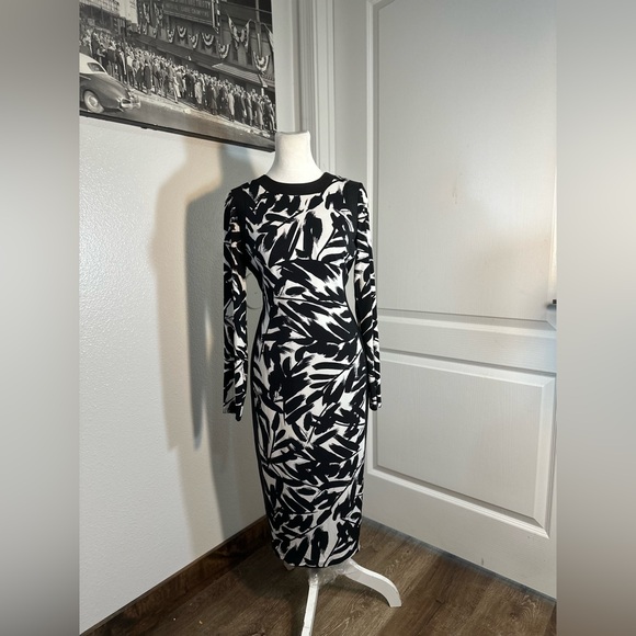 Modest modern bodycon leaf print white and black Maggy London women size 6 - Picture 14 of 16